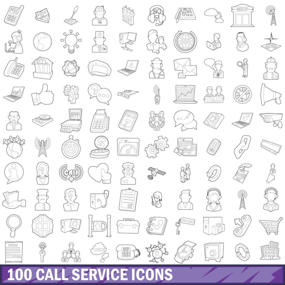 100 Anrufservice-Icons gesetzt, Umrissstil vektor