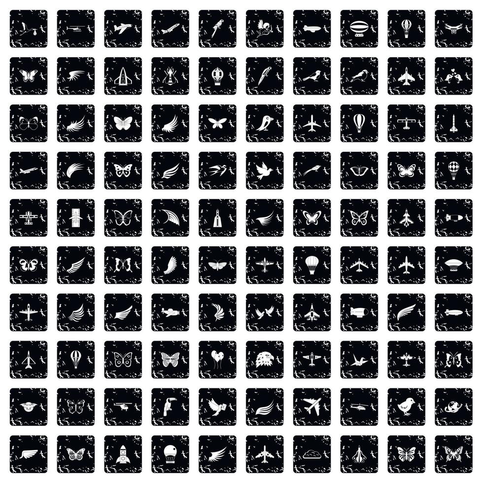 100 Fliegensymbole gesetzt, Grunge-Stil vektor