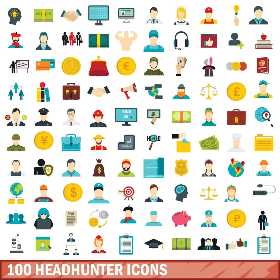 100 headhunter ikoner set, platt stil vektor