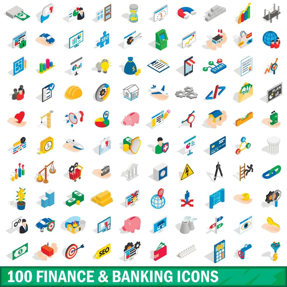 100 finans- och bankikoner set, isometrisk stil vektor