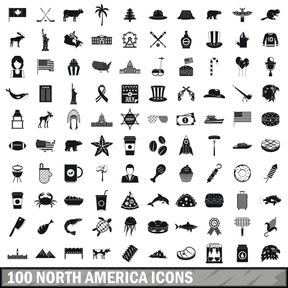 100 nordamerika ikoner set, enkel stil vektor