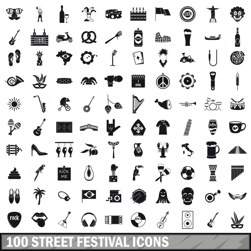100 gatufestivalikoner set, enkel stil vektor