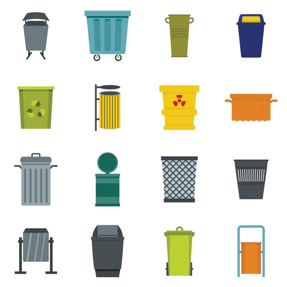 Müllcontainer-Symbole im flachen Stil vektor