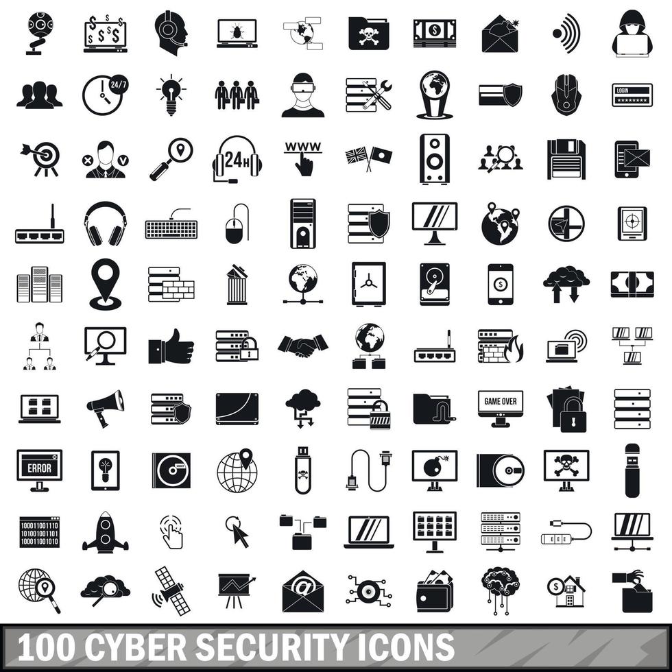 100 cybersäkerhetsikoner set, enkel stil vektor