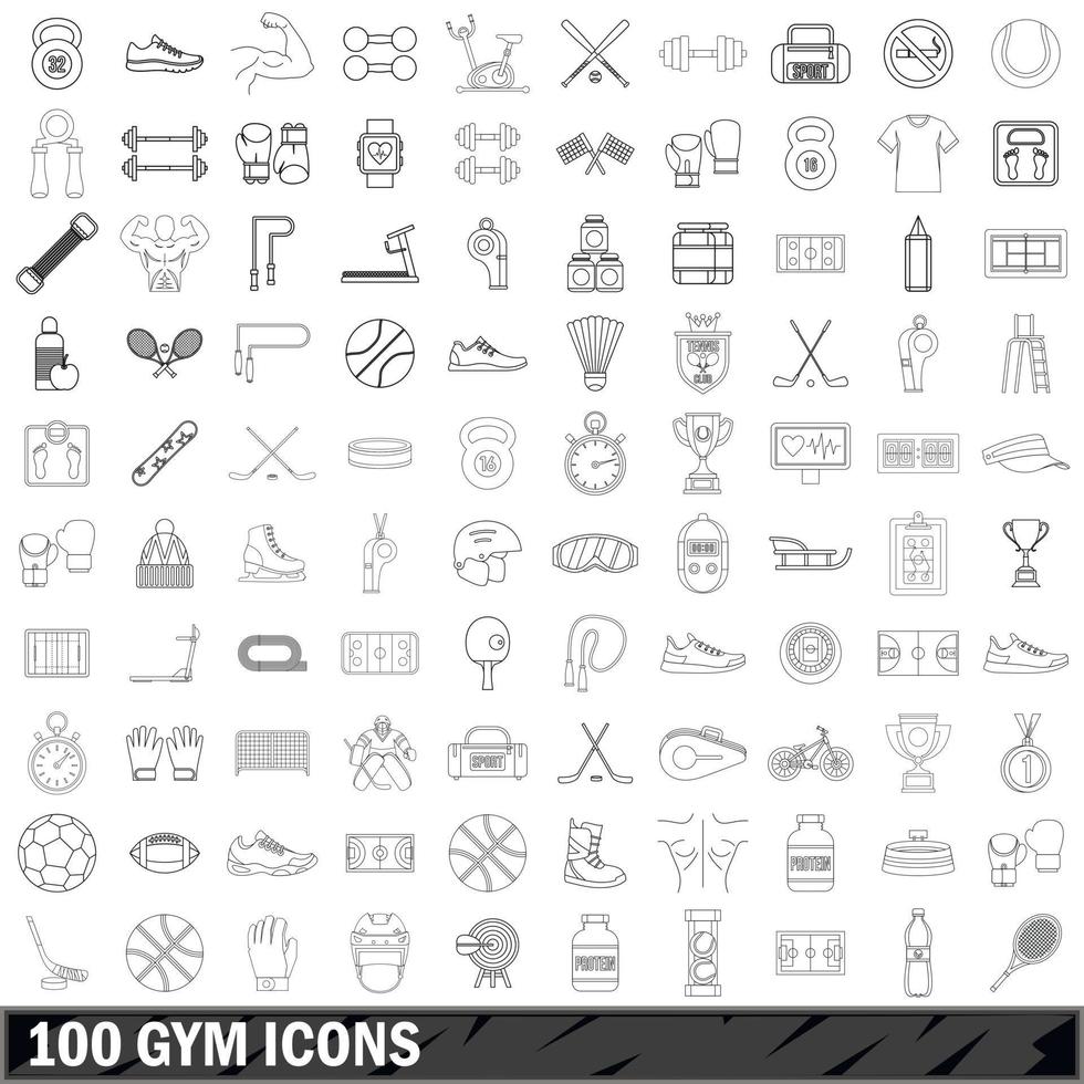 100 gym ikoner set, kontur stil vektor