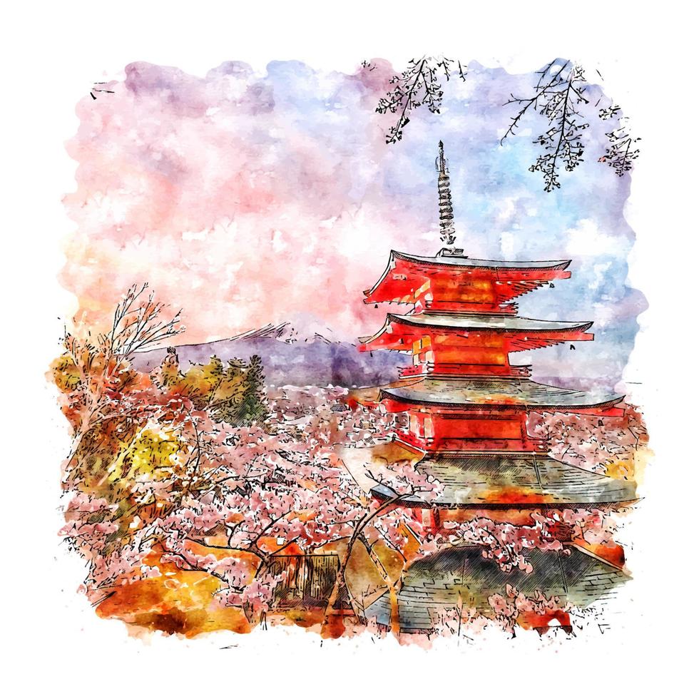 chureito pagode japan aquarellskizze handgezeichnete illustration vektor