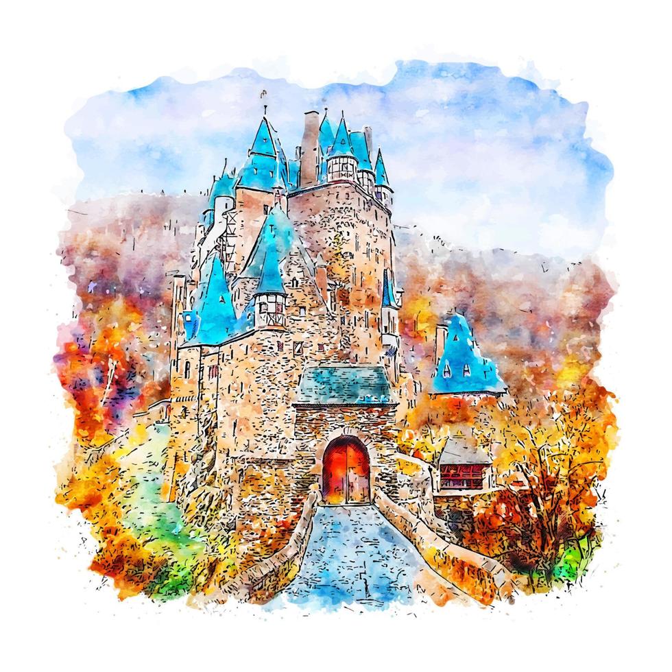 eltz slott Tyskland akvarell skiss handritad illustration vektor