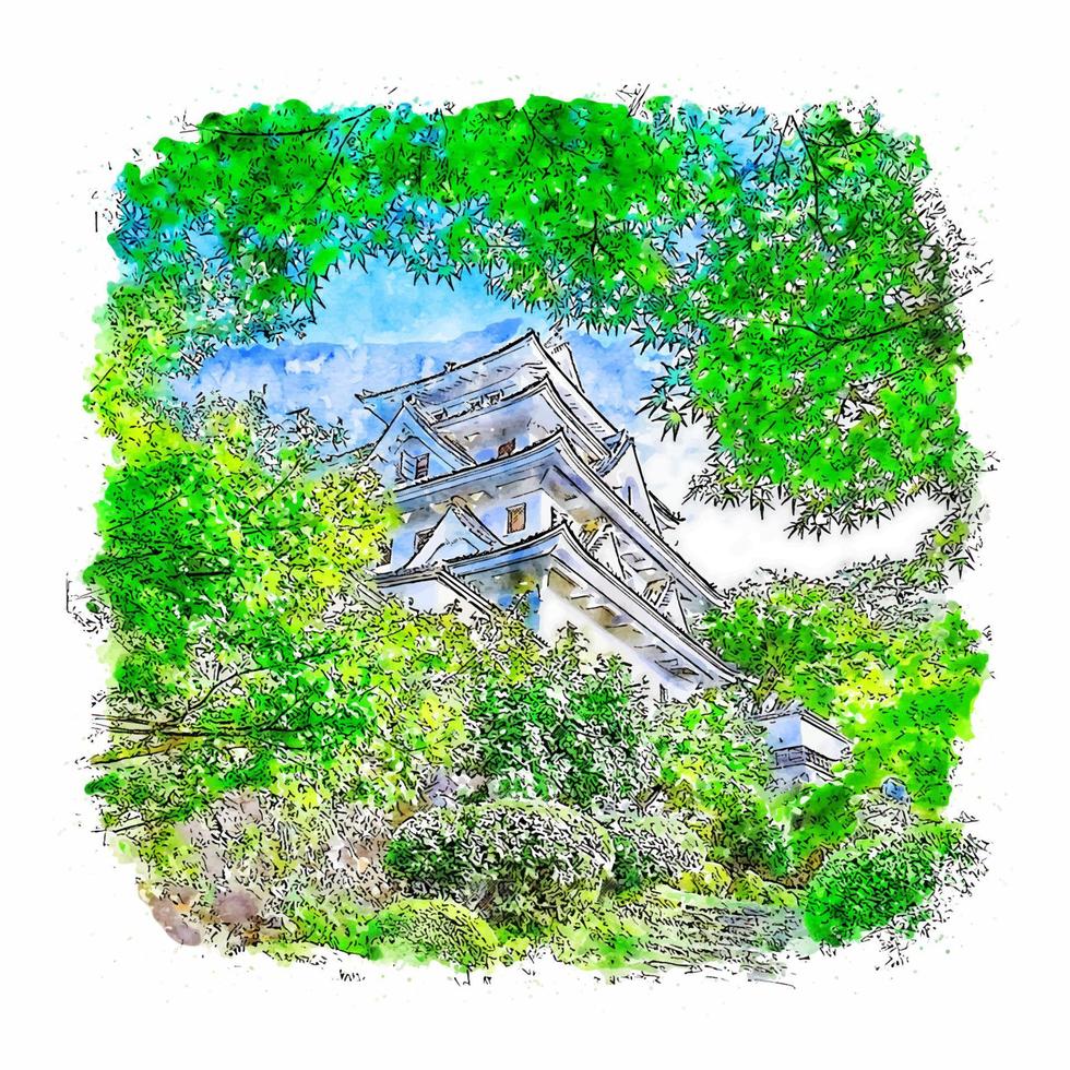 gifu burg japan aquarell skizze handgezeichnete illustration vektor