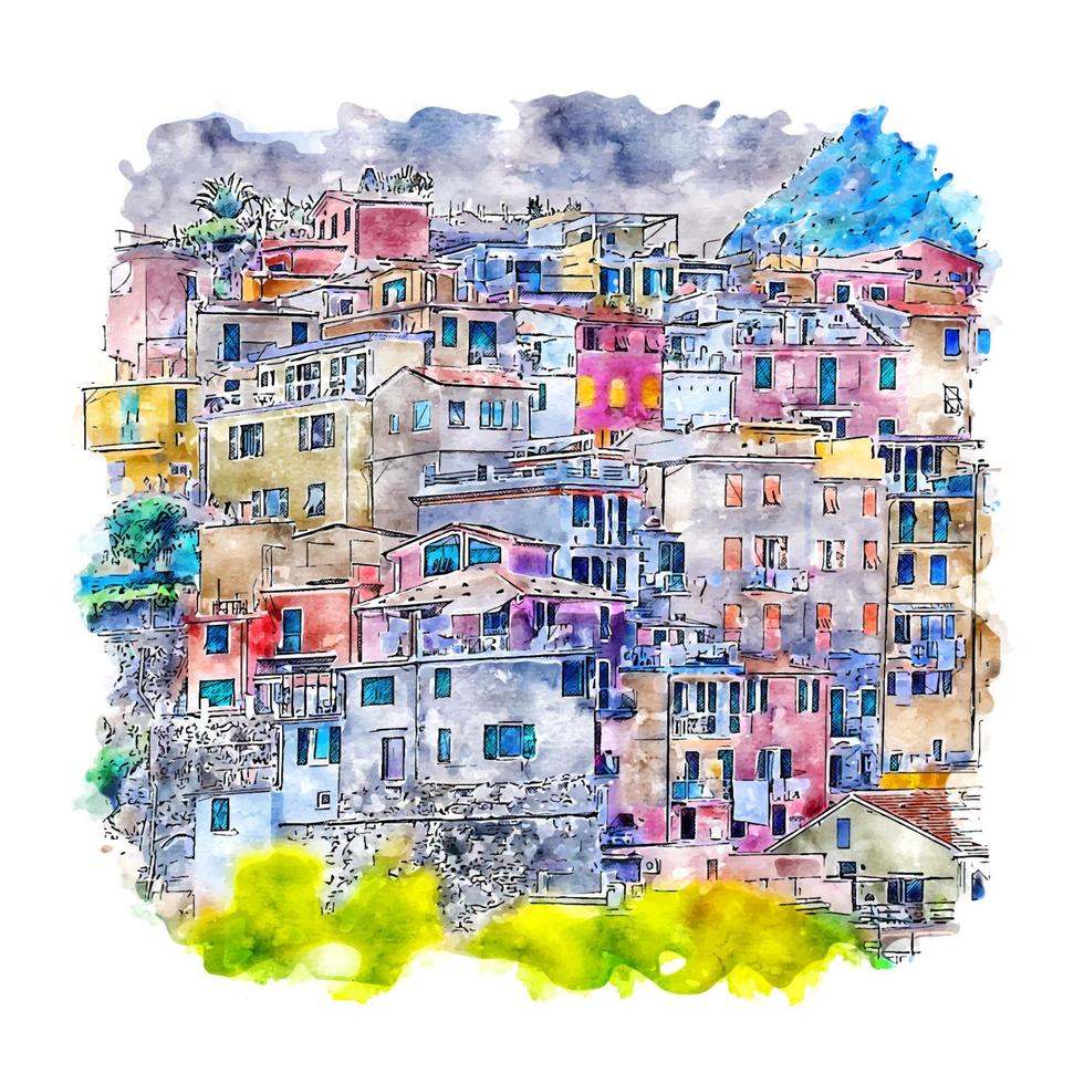 manarola Italien akvarell skiss handritad illustration vektor