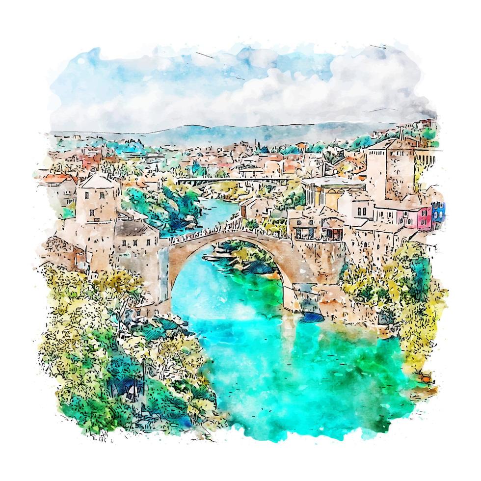 Mostar Bosnien Aquarellskizze handgezeichnete Illustration vektor