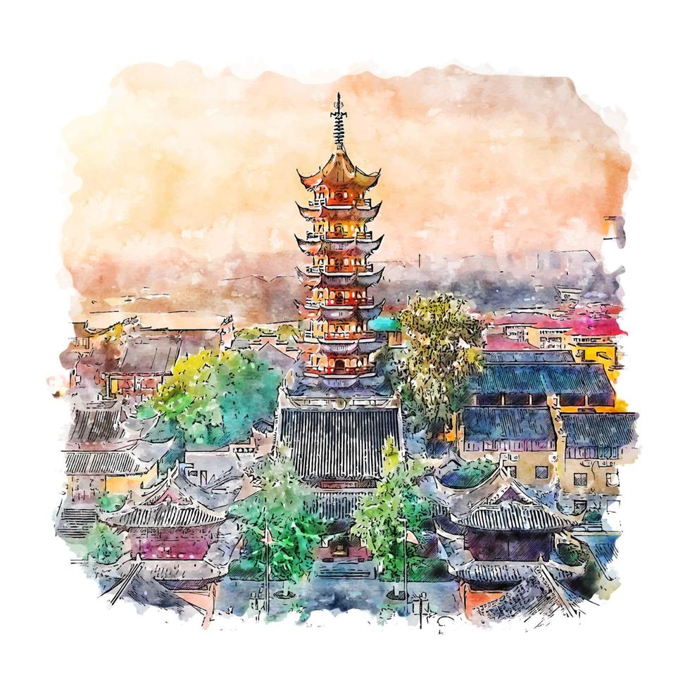 nanjing jiangsu china aquarellskizze handgezeichnete illustration vektor