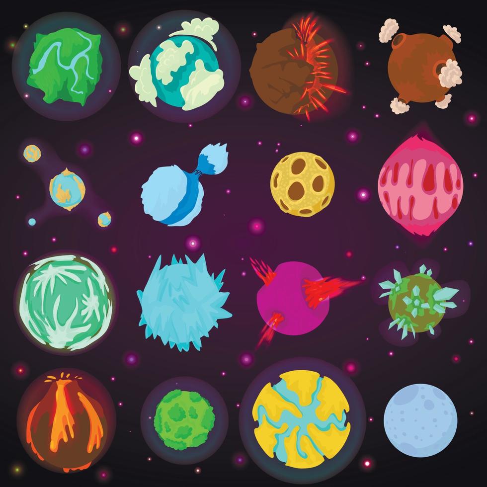 fantastiska färg planeter ikoner set, tecknad stil vektor