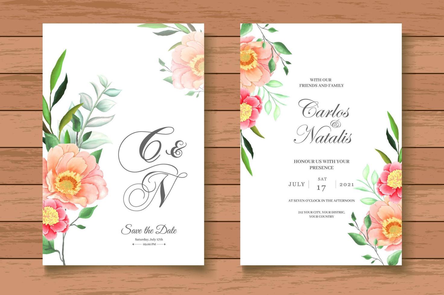 vacker akvarell blommig bröllop inbjudningskort set vektor