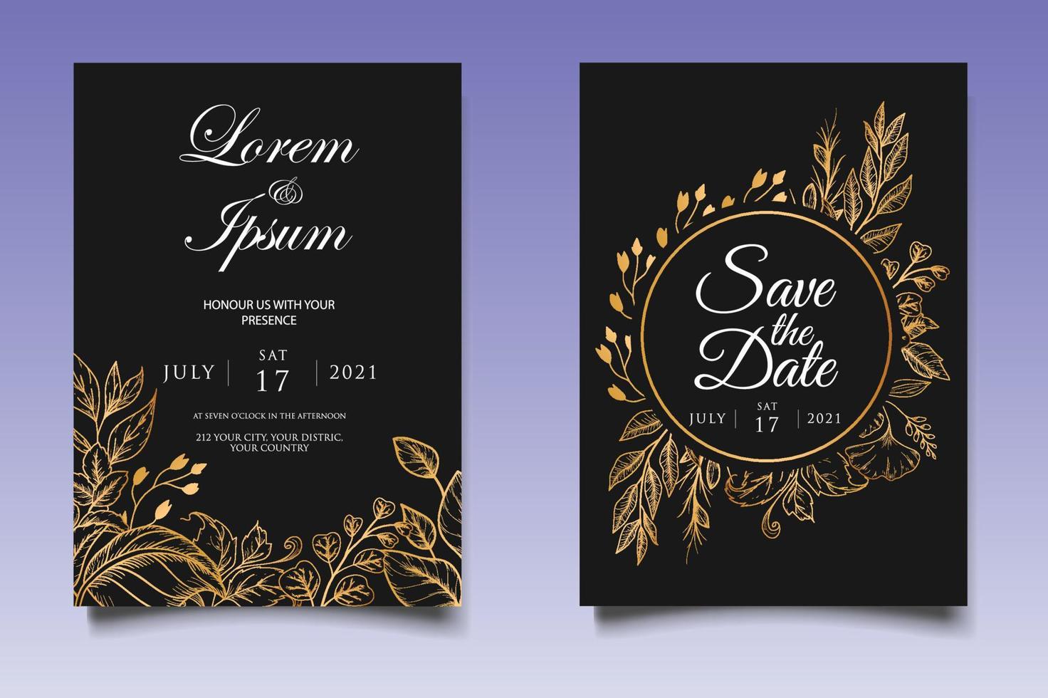 hand ritning bröllop inbjudningskort med gyllene blomsterdekoration vektor