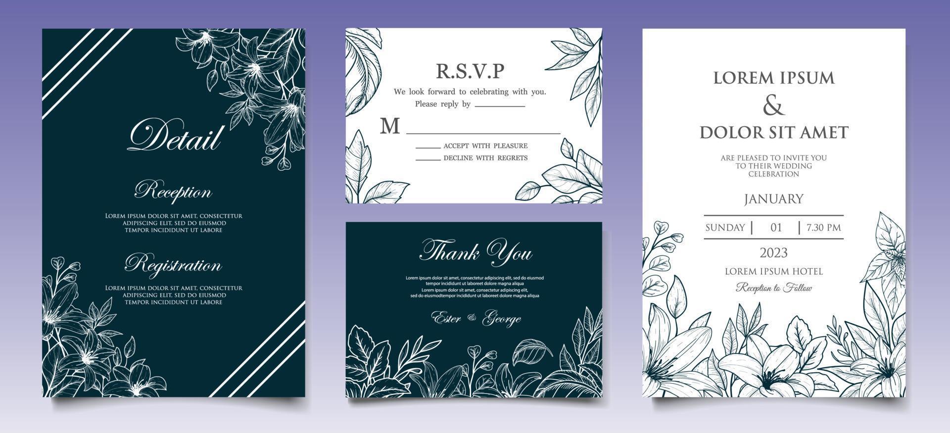 elegant vintage blommig bröllop inbjudningskort set vektor