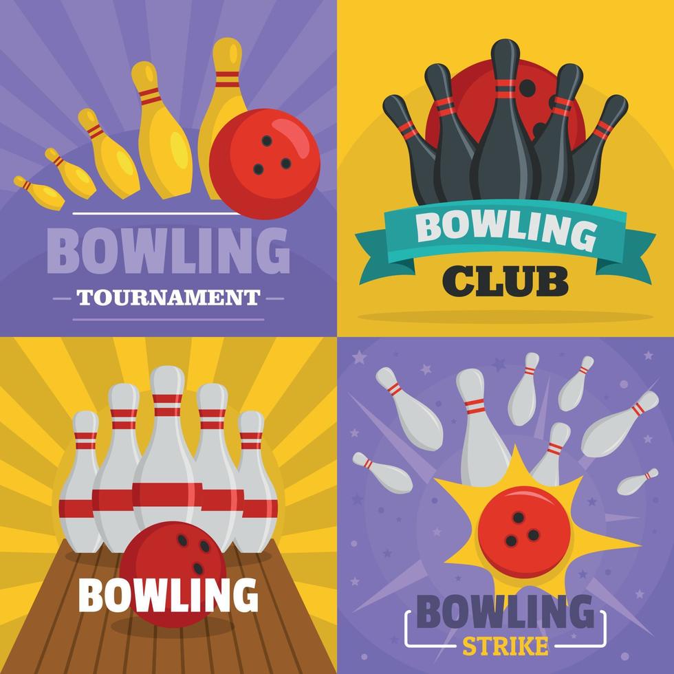 Bowling-Kegling-Banner-Konzept-Set, flacher Stil vektor