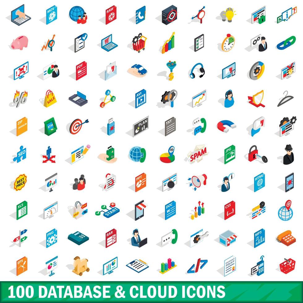 100 Datenbank- und Cloud-Icons gesetzt, isometrischer Stil vektor