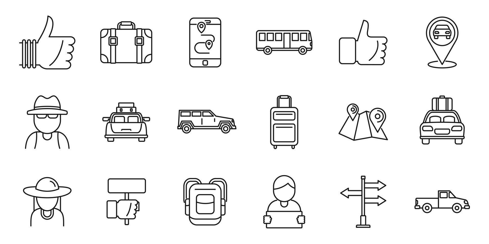 per Anhalter fahrende Automobilsymbole gesetzt, Umrissstil vektor