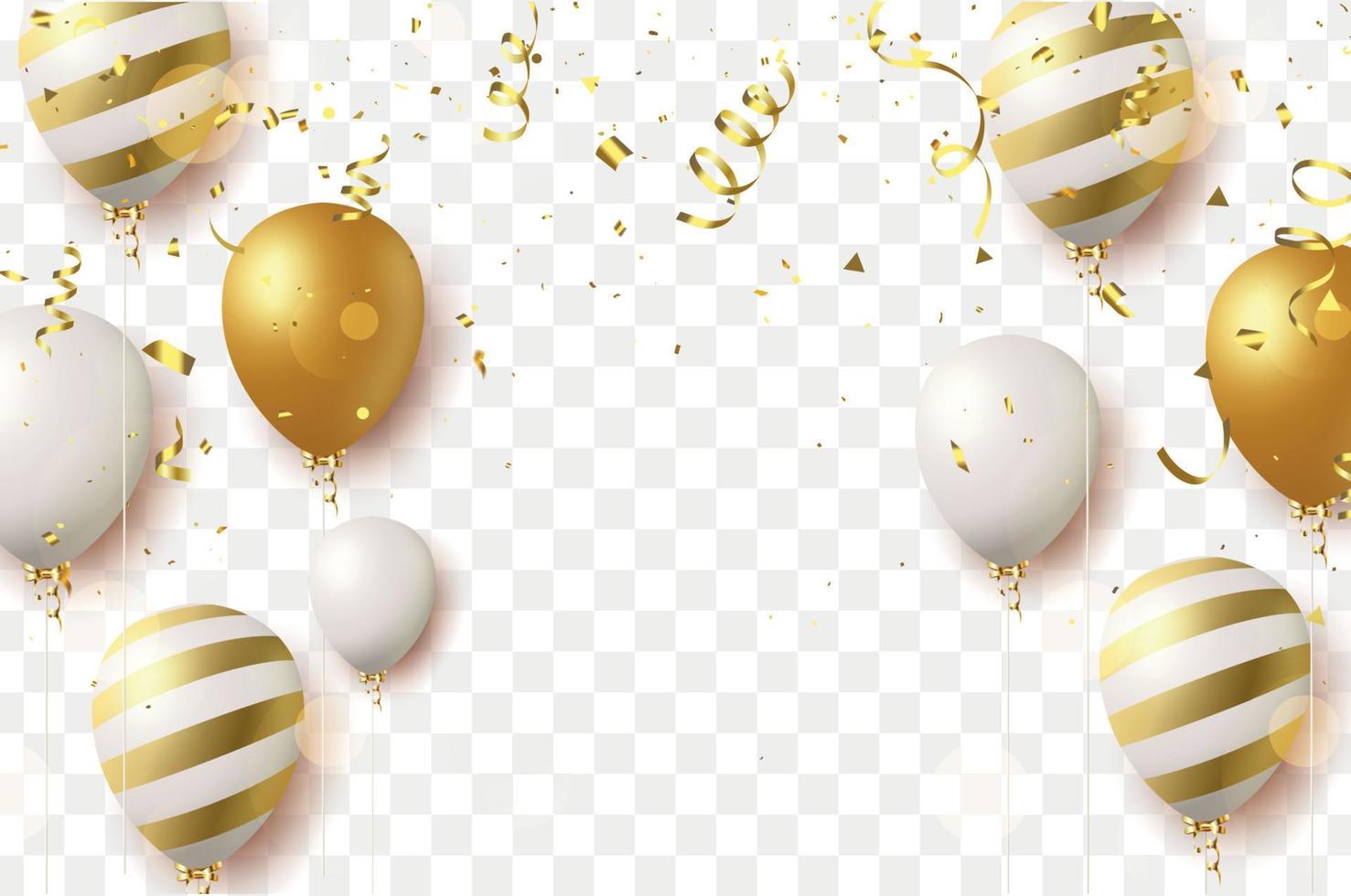 fallande glänsande gyllene konfetti och ballong isolerad på vit bakgrund. ljusa festliga glitter av guldfärg. vektor