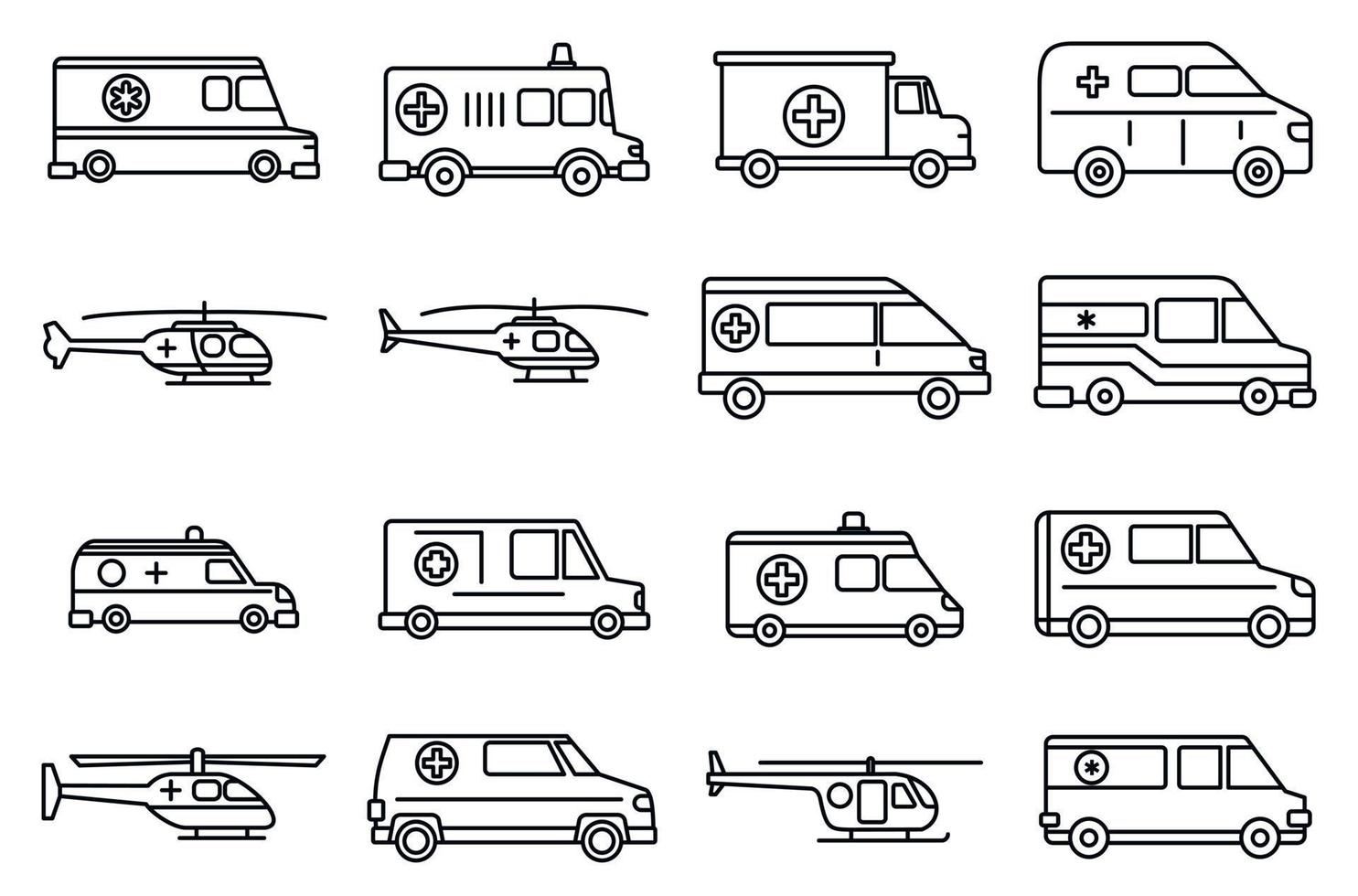 Rettungswagen-Symbole gesetzt, Umrissstil vektor