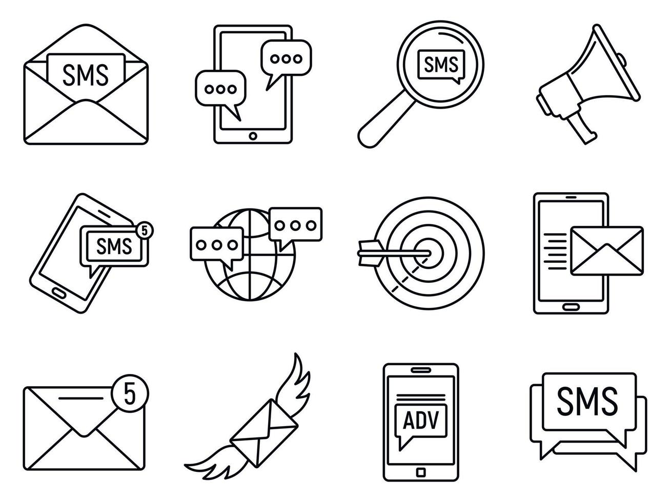 moderna sms marknadsföring ikoner set, kontur stil vektor