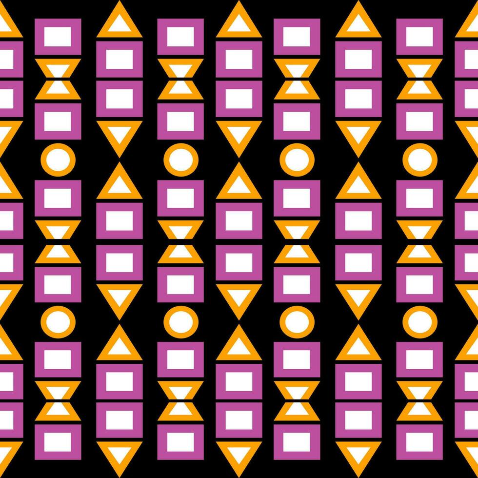 symmetriska sömlösa mönster, trapetsformad kvadratisk triangel och rund form, gult och rosa på svart bakgrund. vektor