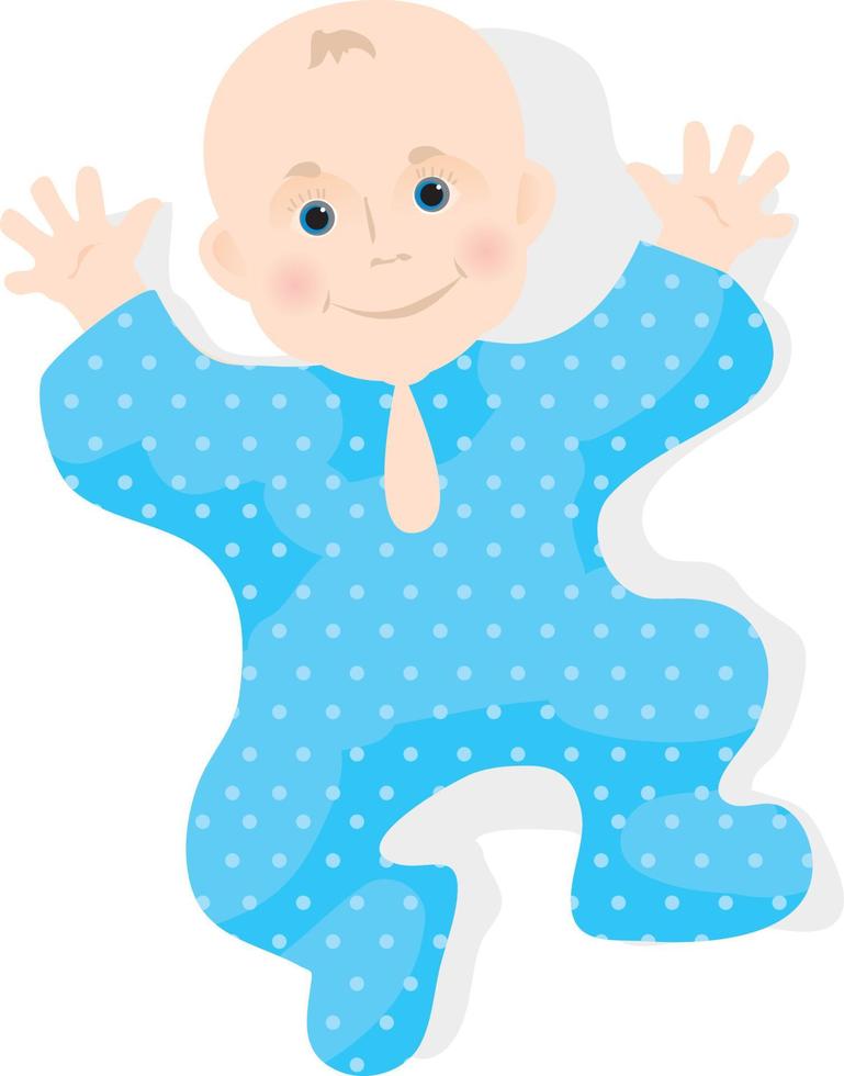 Illustration von Neugeborenen auf weiß. kleines Baby lächelt mit kleinen Armen und Beinen. Jungenkind im blauen Tragen vektor