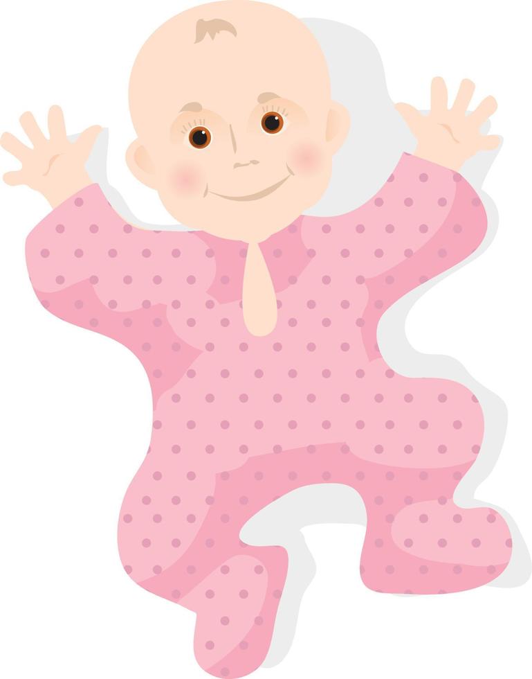 illustration av nyfödd på vitt. liten baby ler med små armar och ben. flicka spädbarn i rosa pastell bär vektor