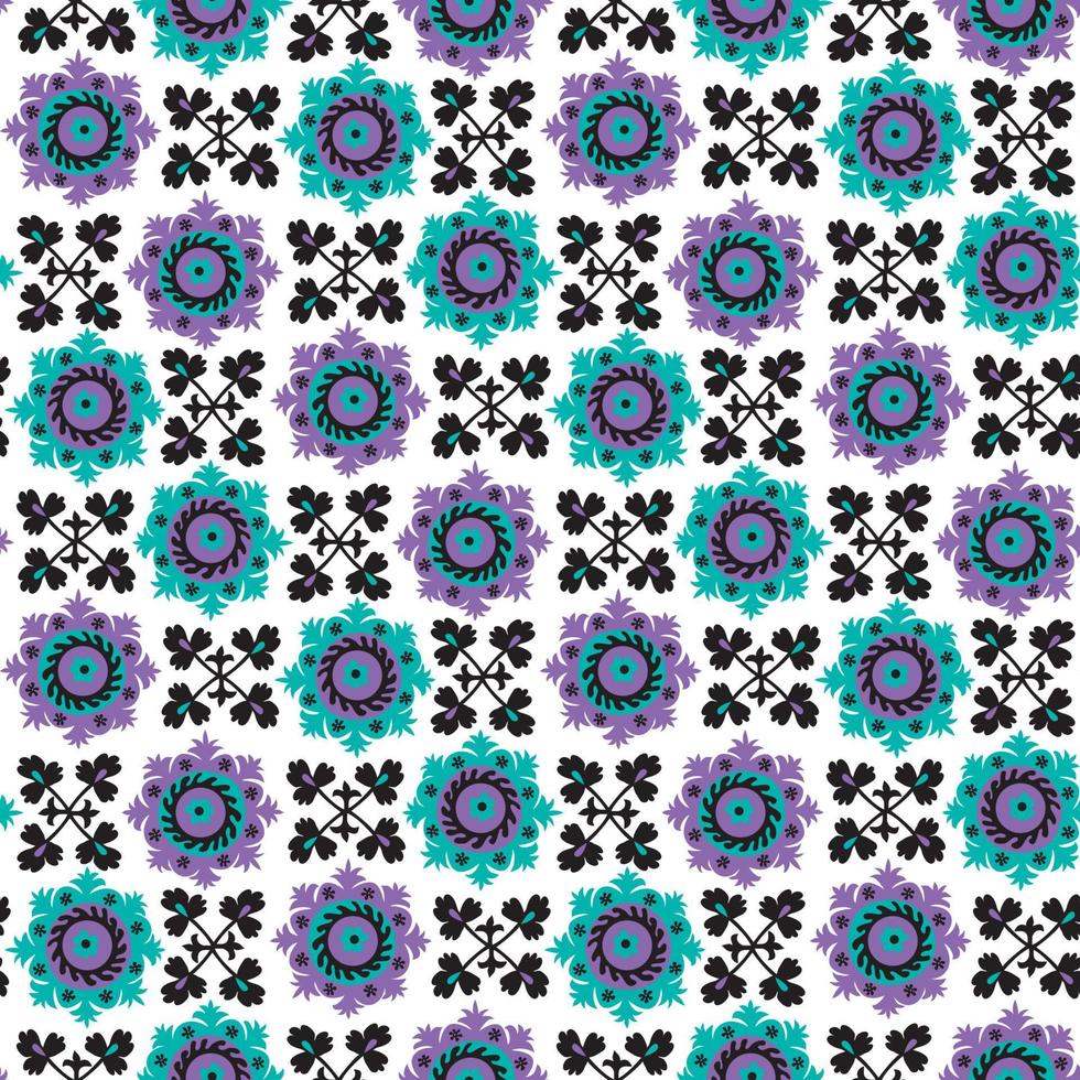 Blaues und violettes, nahtloses Blumenmuster, inspiriert von der traditionellen asiatischen Teppichstickerei Suzanne. vektor