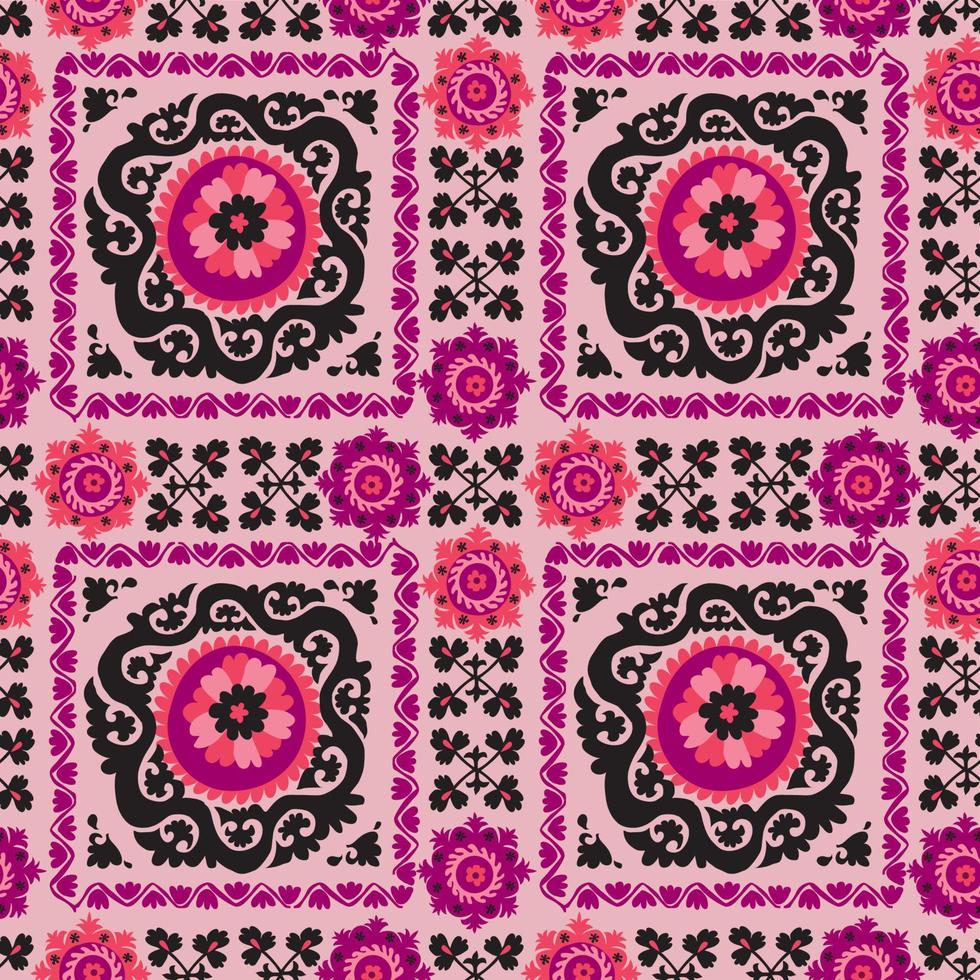 seamless mönster av traditionell asiatisk matta broderi suzanne i rosa och svart färg. uzbekiskt etniskt dekorativt blommotiv för matta, tyg, duk vektor