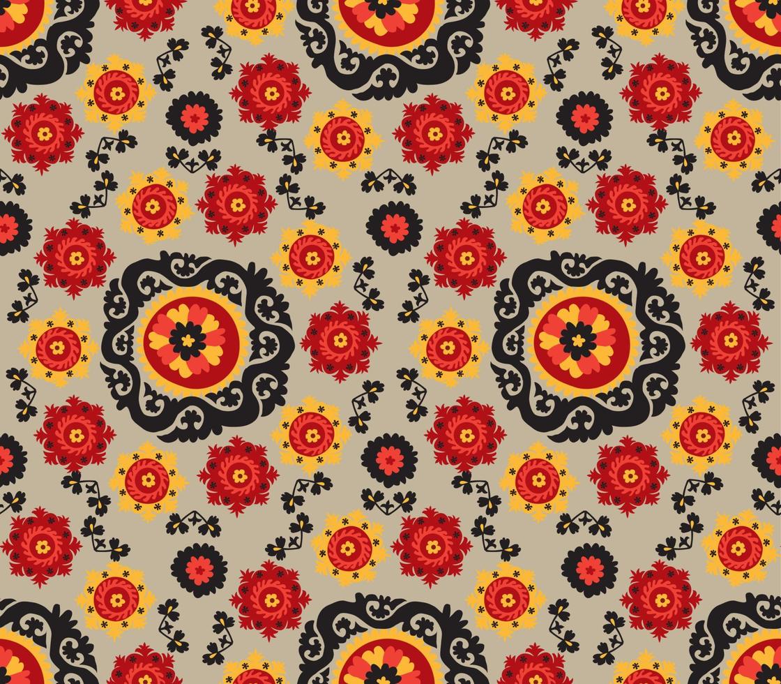 traditionell asiatisk matta broderi suzane. uzbekiska etniska dekorativa blommotiv för matta, tyg, duk på canvas färgbakgrund vektor
