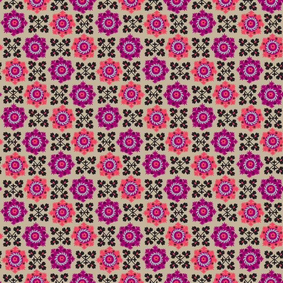 traditionell asiatisk mattbroderi suzanne i rosa och svart färg. uzbekiskt etniskt dekorativt blommotiv för matta, tyg, duk vektor