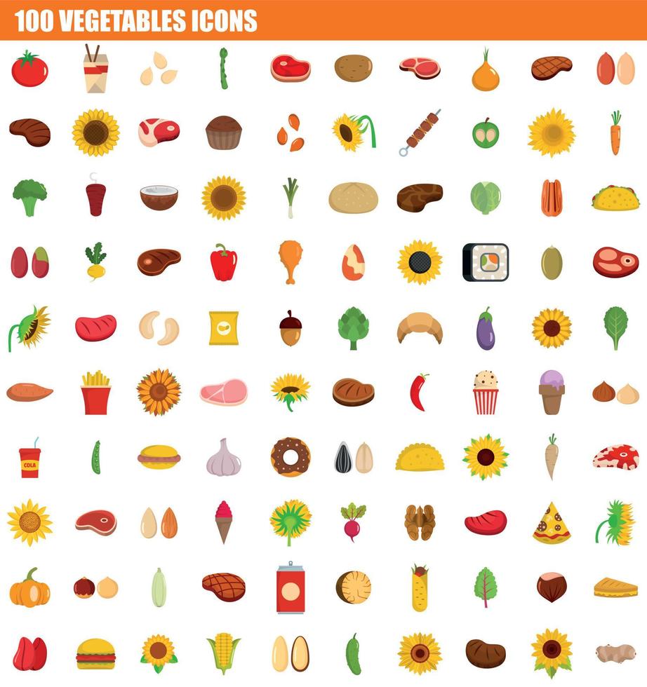 100 grönsaker Ikonuppsättning, platt stil vektor