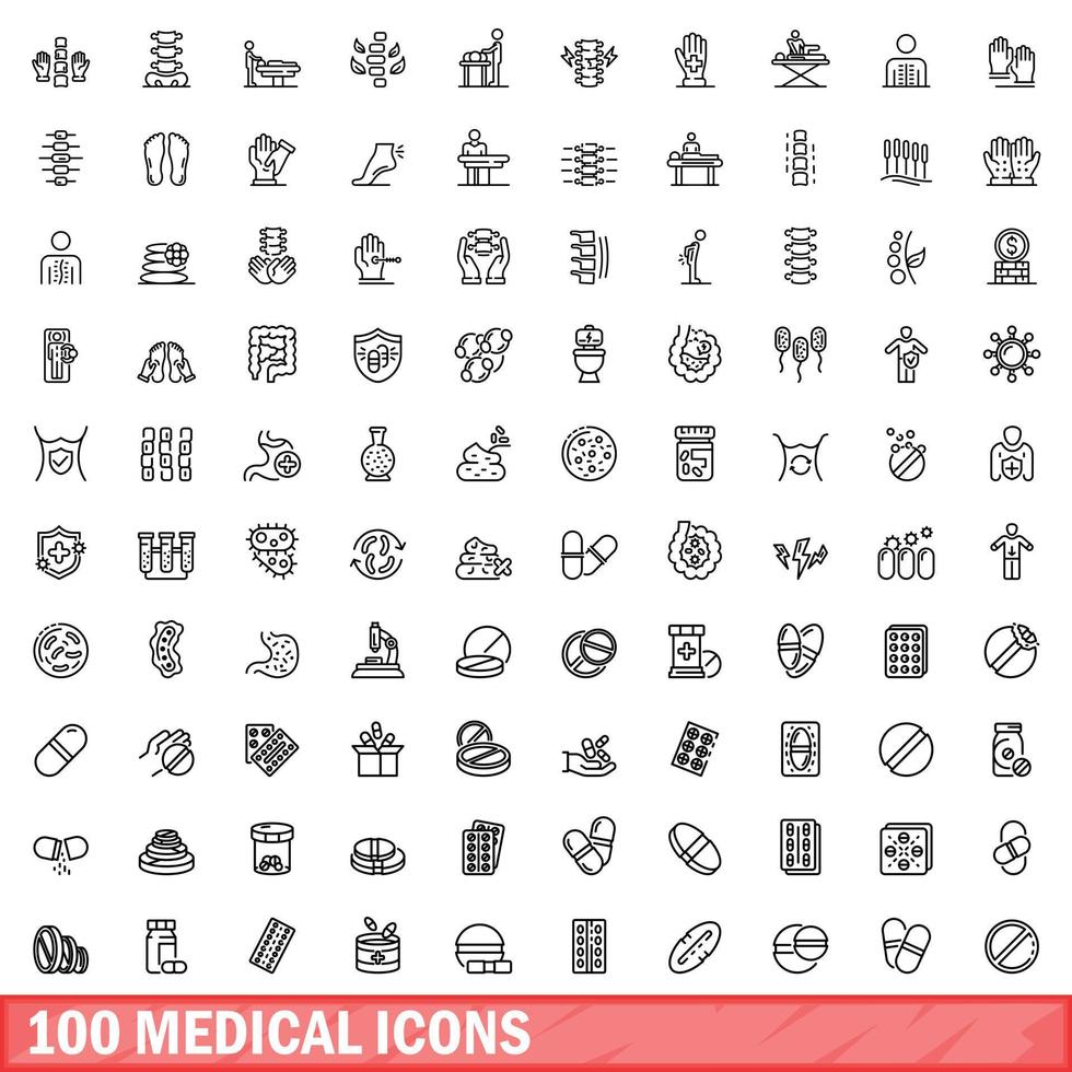 100 medicinska ikoner set, konturstil vektor