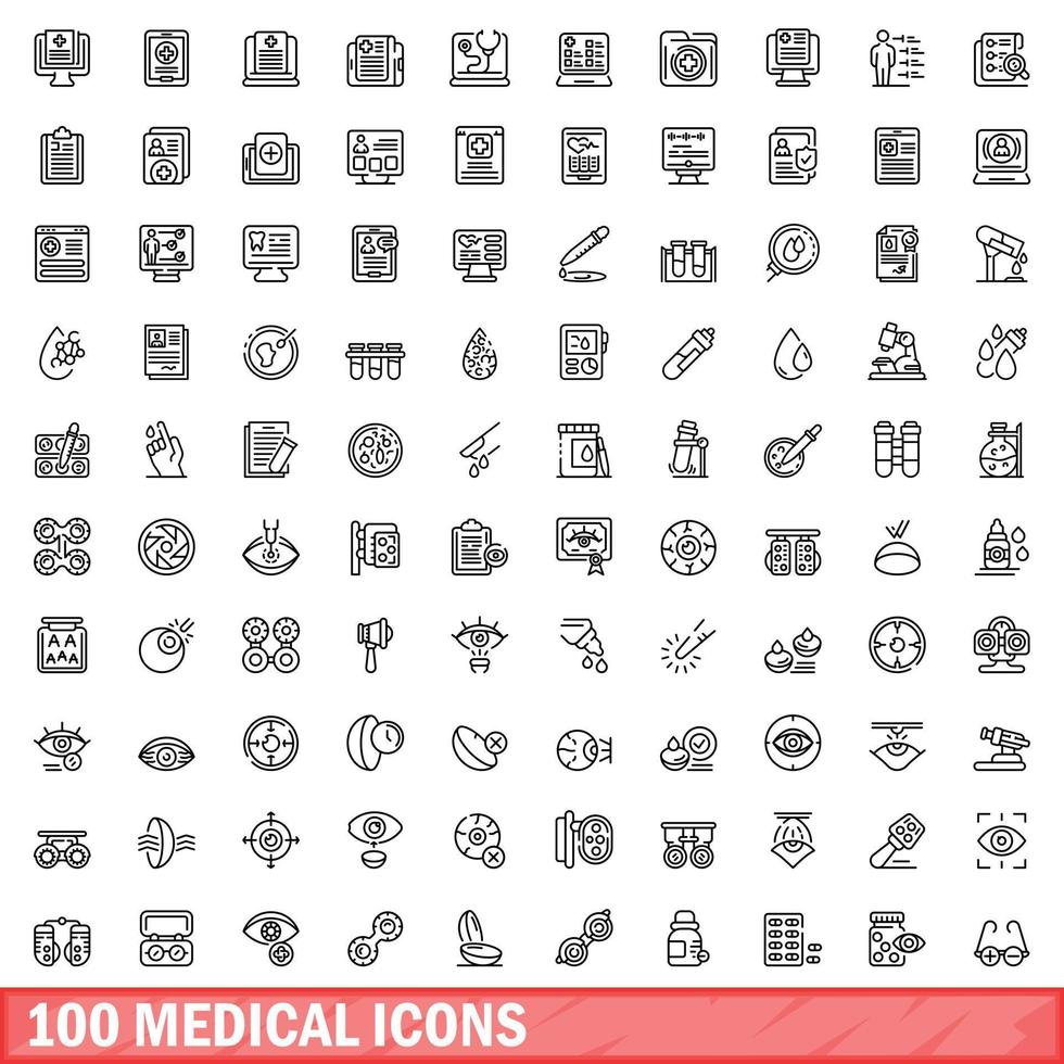 100 medicinska ikoner set, konturstil vektor