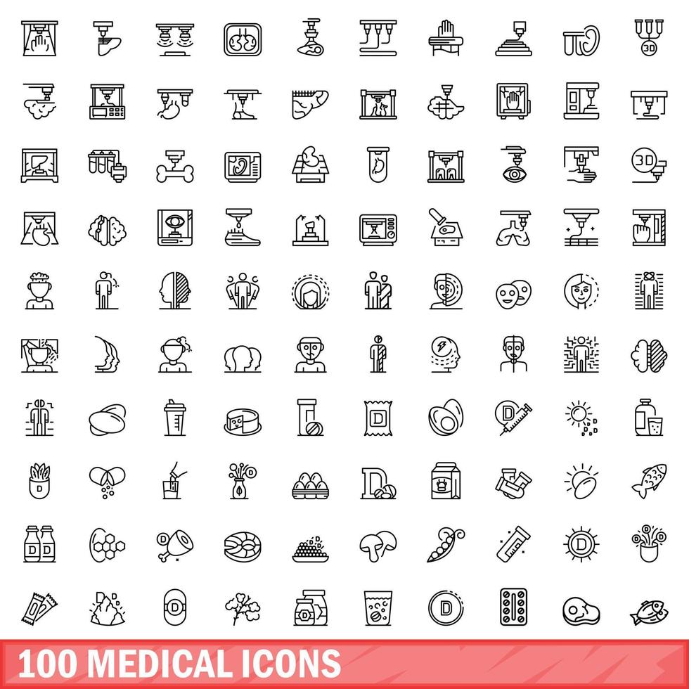 100 medicinska ikoner set, konturstil vektor