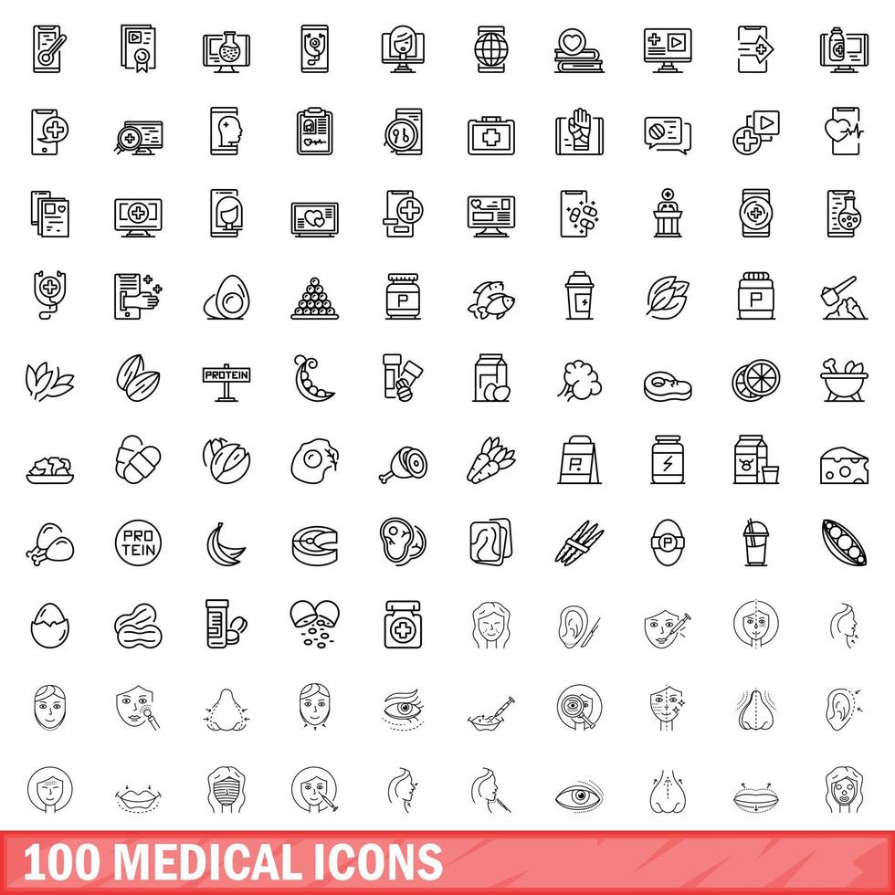 100 medicinska ikoner set, konturstil vektor