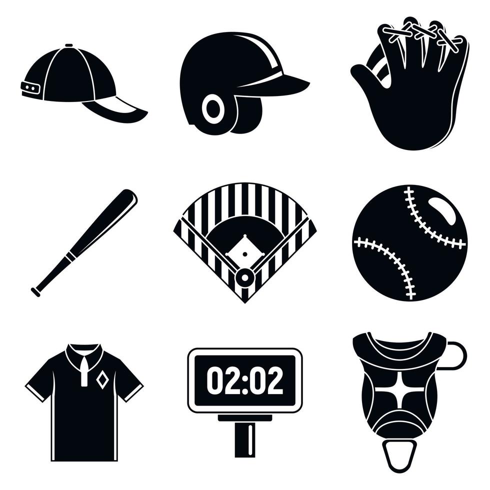 Baseball-Ausrüstungssymbole gesetzt, einfacher Stil vektor