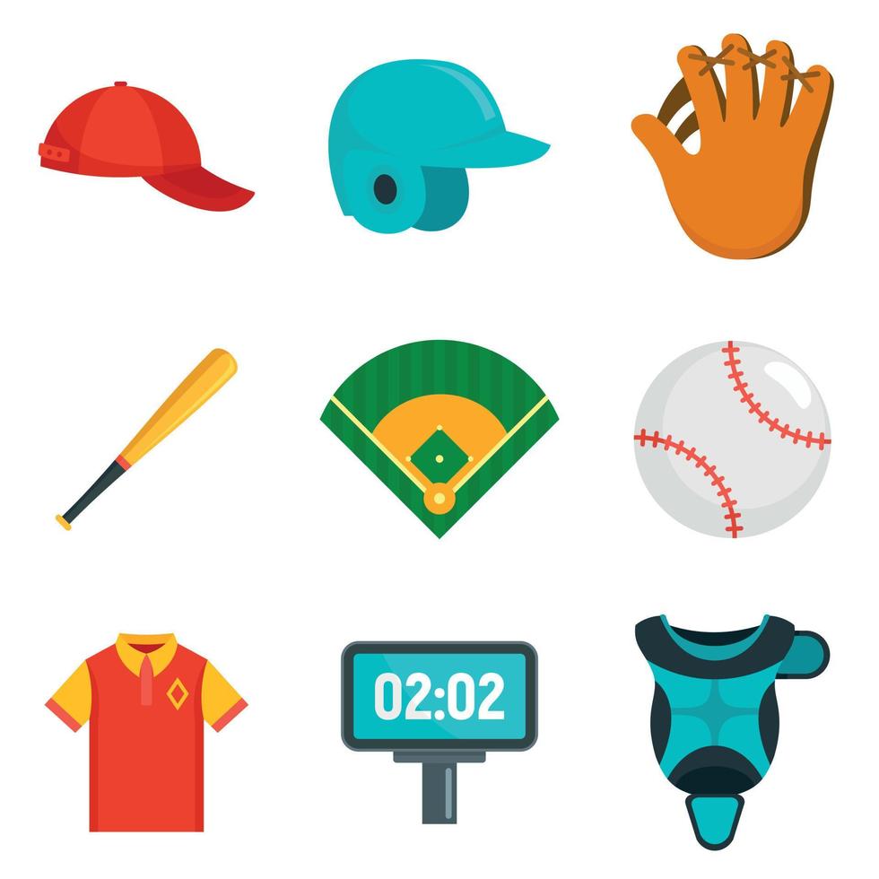 Baseball-Icons gesetzt, flacher Stil vektor