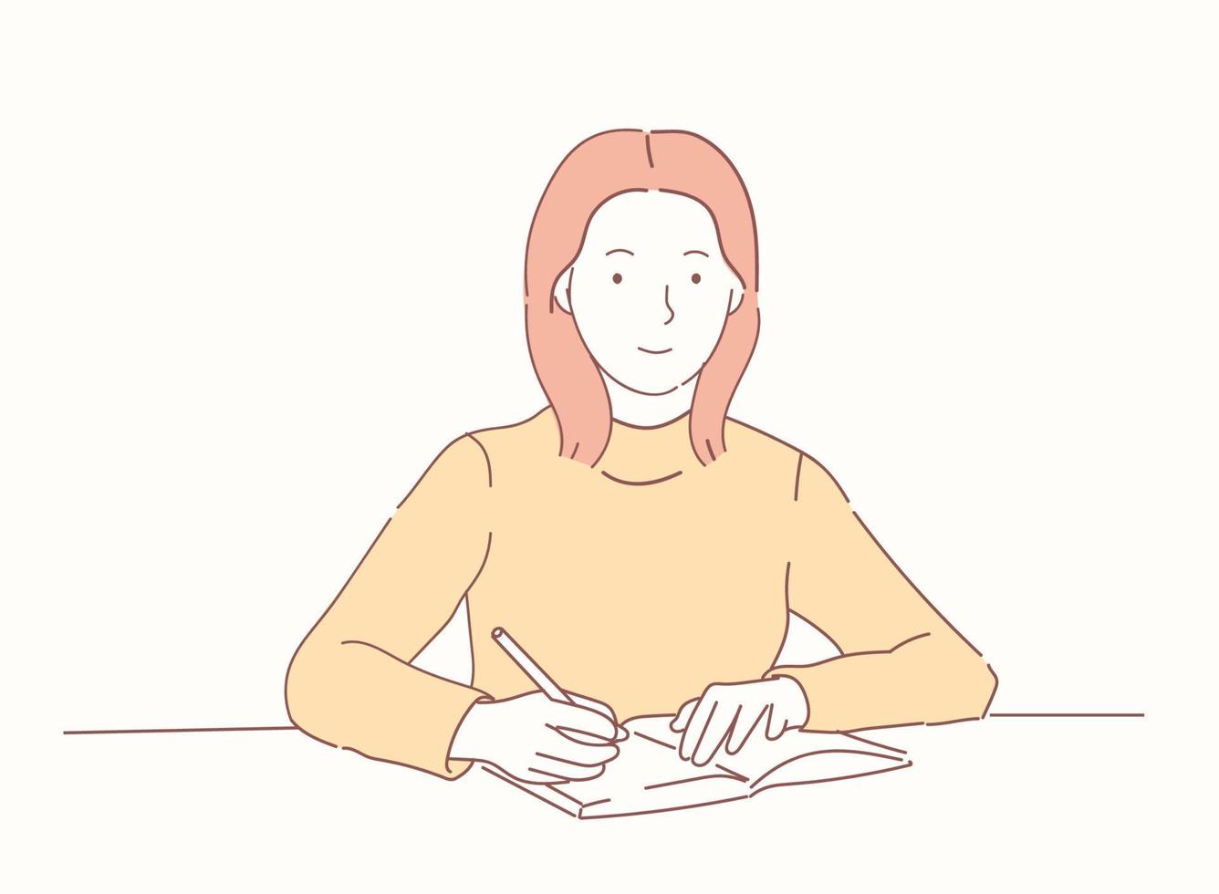 leende ung kvinna studerar vid bordet hemma handritade stil vektor design illustrationer. eps 10.