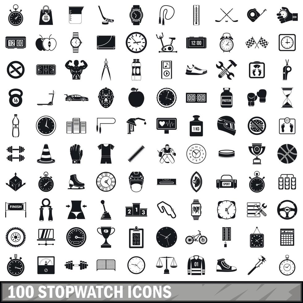 100 Stoppuhr-Icons gesetzt, einfacher Stil vektor