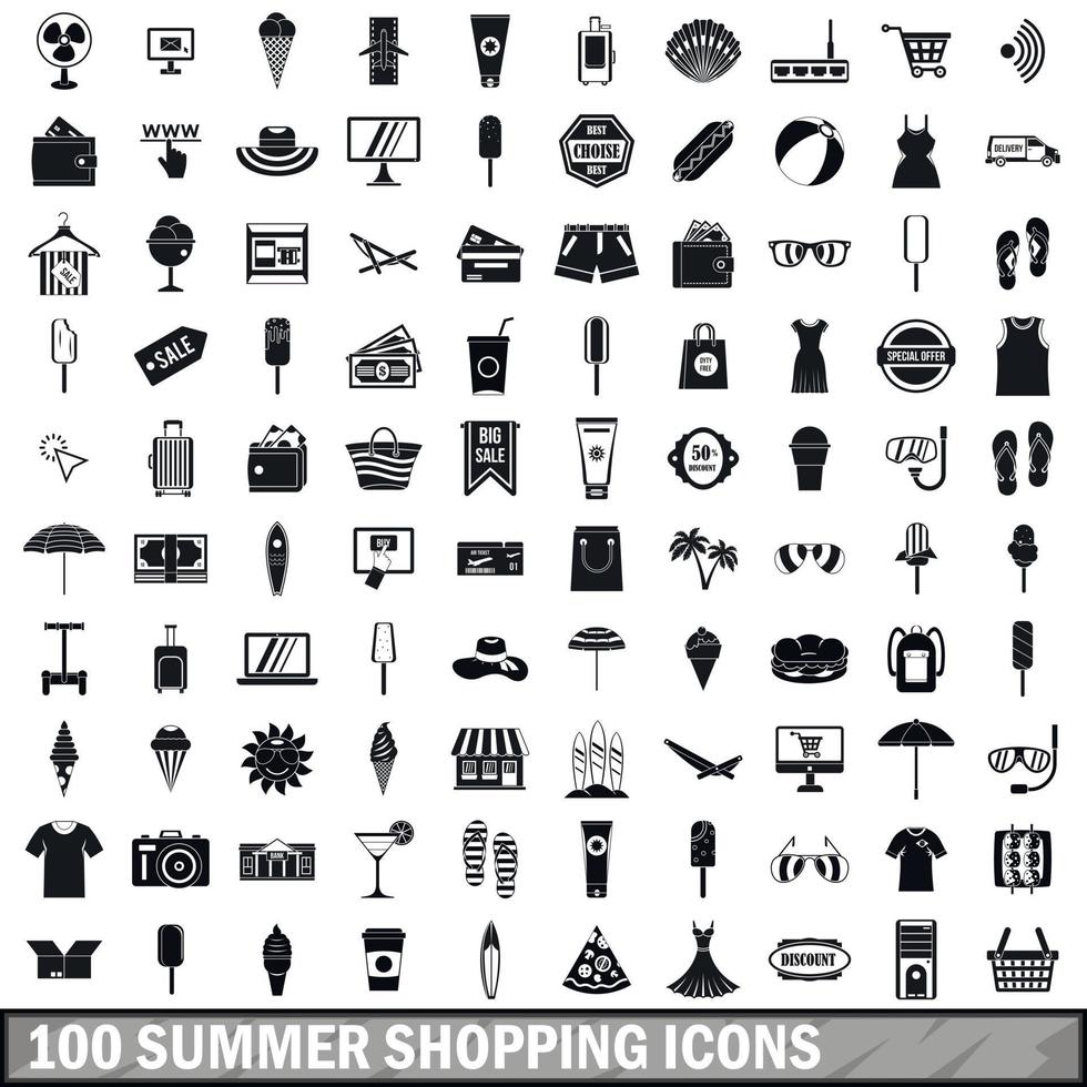 100 Sommer-Shopping-Icons gesetzt, einfacher Stil vektor