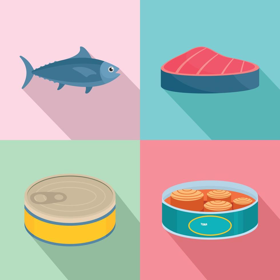 Thunfisch kann Steak Icons Set, flacher Stil vektor