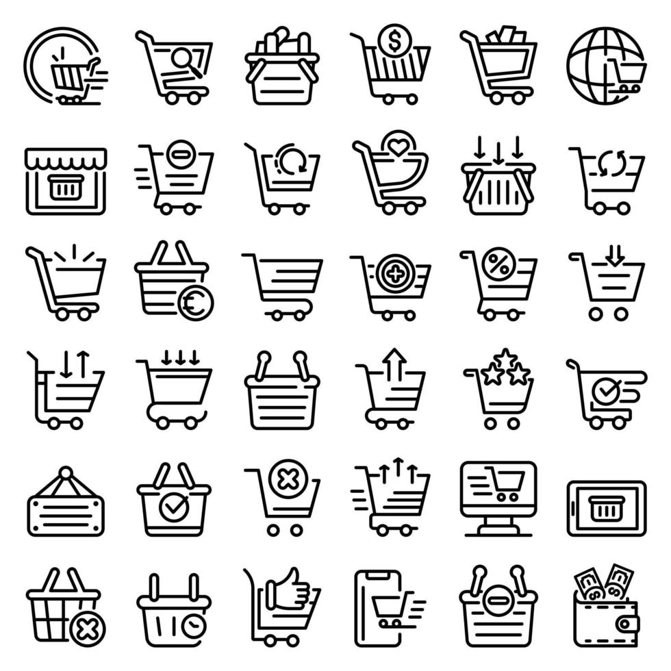 Einkaufswagen-Supermarkt-Icons gesetzt, Umrissstil vektor