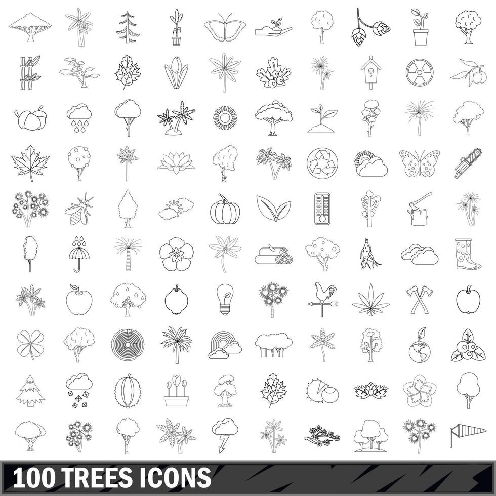 100 träd ikoner set, konturstil vektor