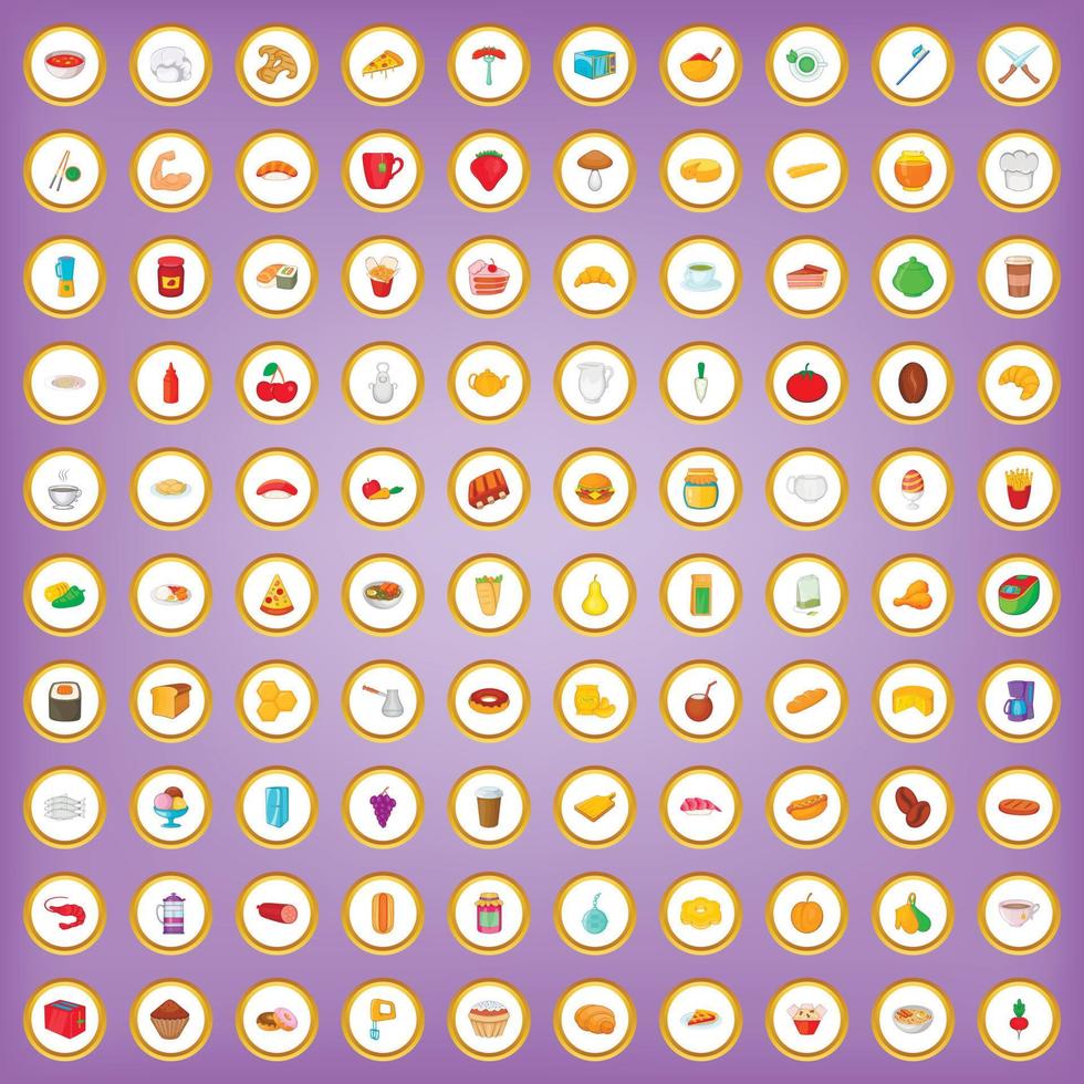 100 lunch ikoner i tecknad stil vektor