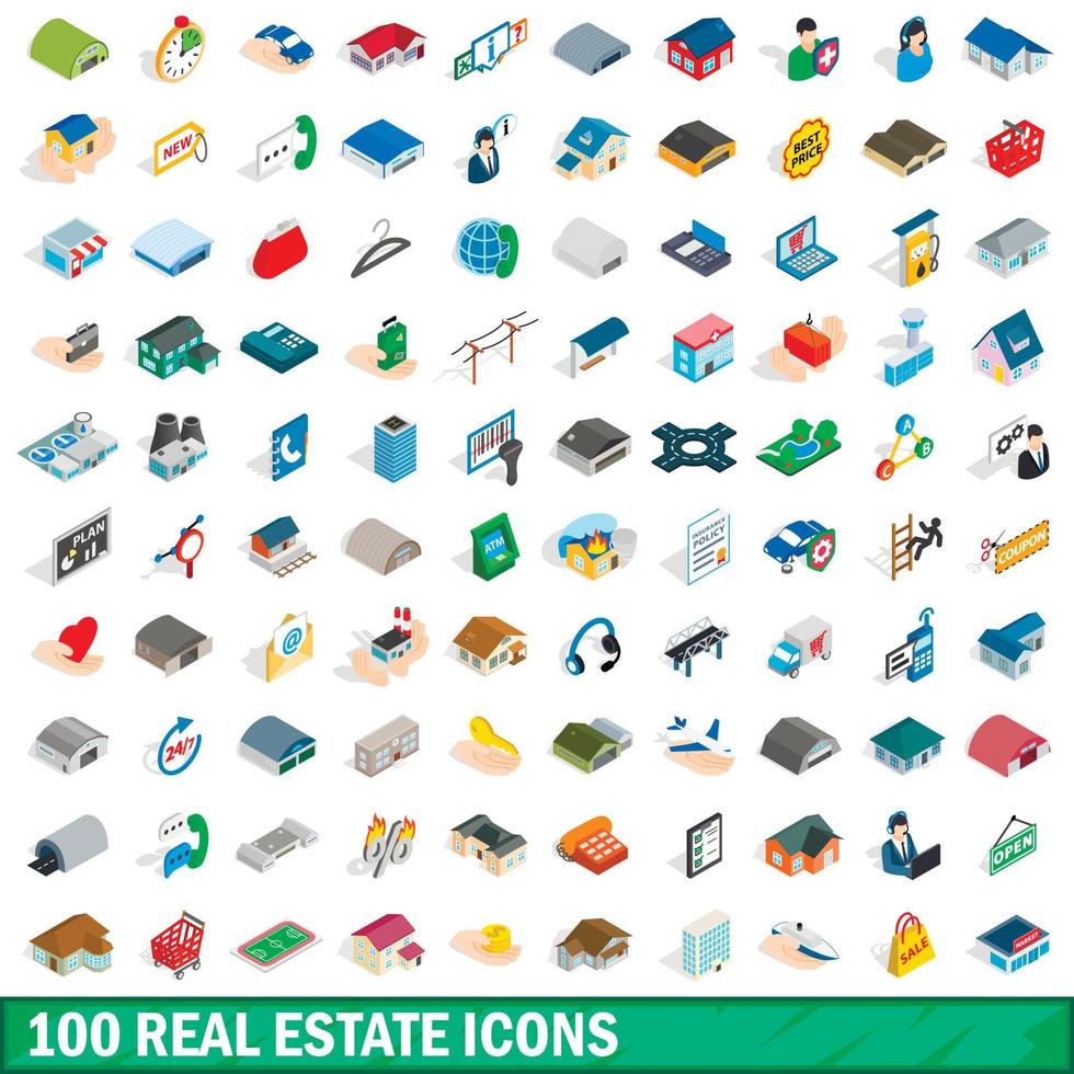 100 Immobilien-Icons gesetzt, isometrischer 3D-Stil vektor