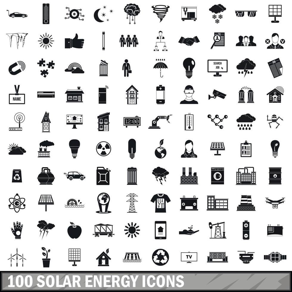 100 solenergi ikoner set, enkel stil vektor