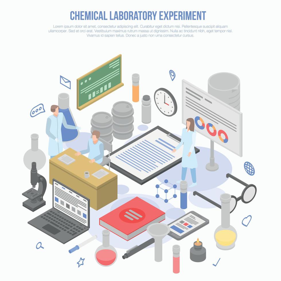 wissenschaftlicher chemischer laborexperimentkonzepthintergrund, isometrischer stil vektor