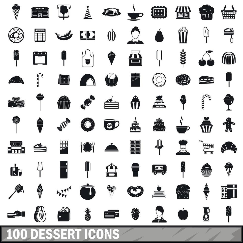 100 Dessert-Icons gesetzt, einfacher Stil vektor